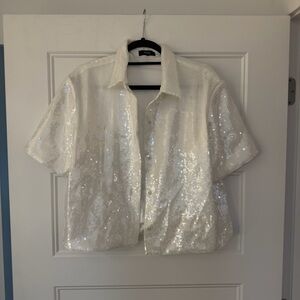 Theory White Sequin Boxy Shirt